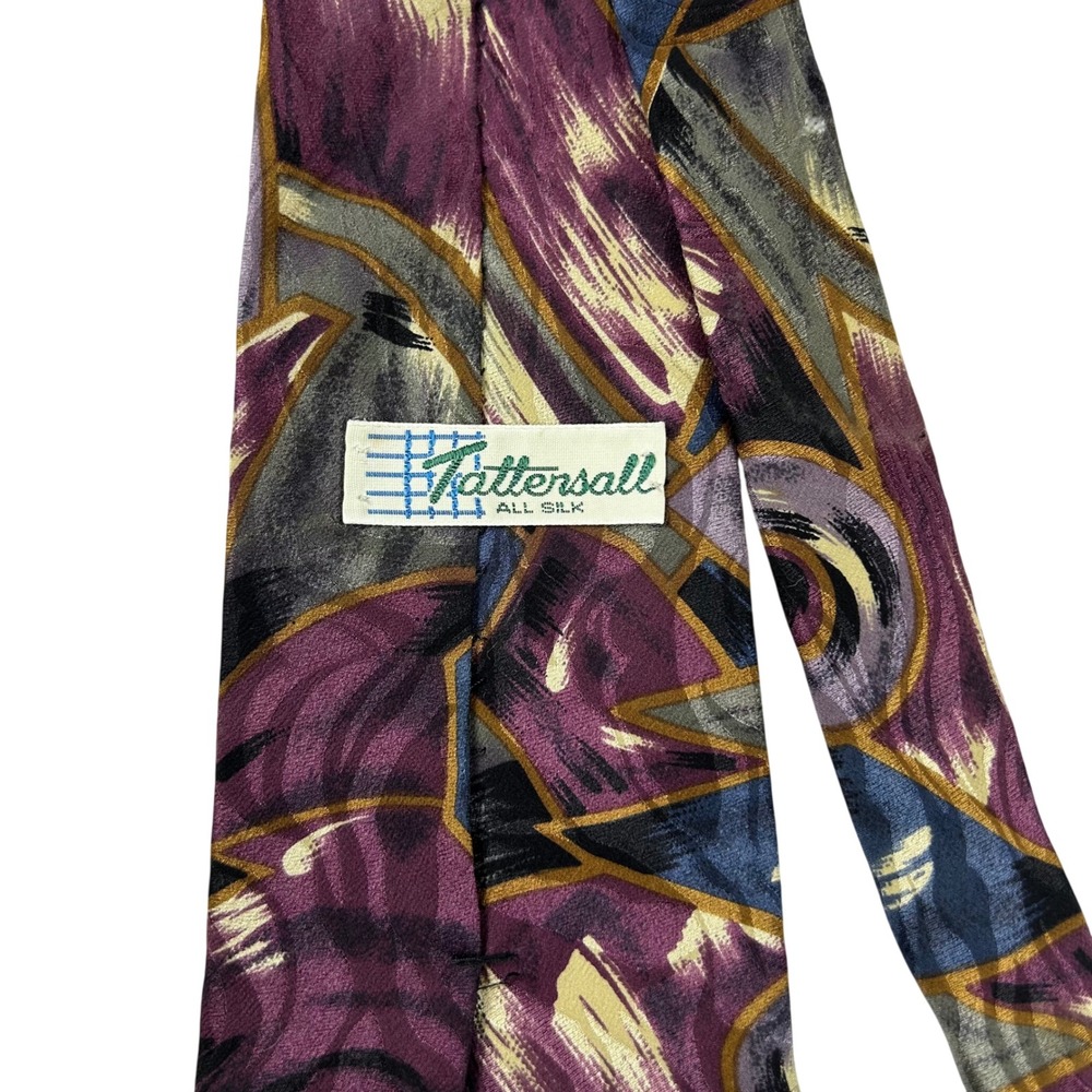 Tattersall Mens Silk Necktie Abstract Geometric Brushstroke Purple Navy Gold - Picture 3 of 7